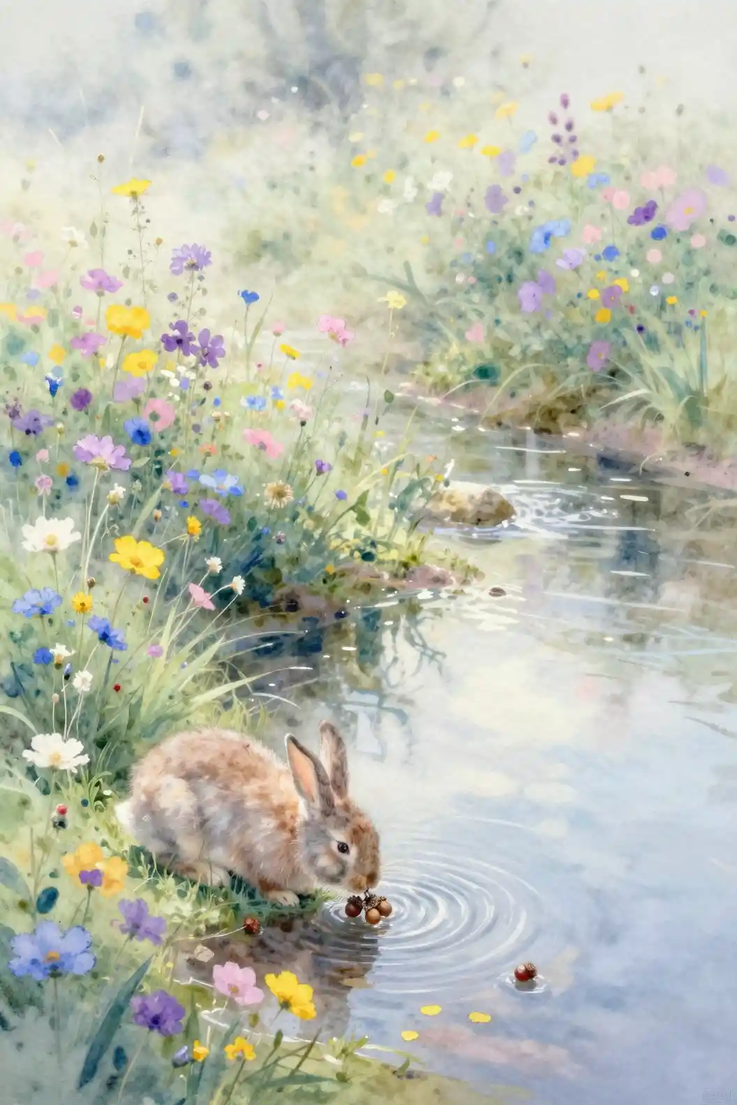 Soft watercolor wildflowers by a tranquil misty stream