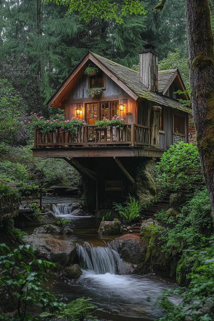 静かな小川の上にバルコニーがある森の素朴な山小屋