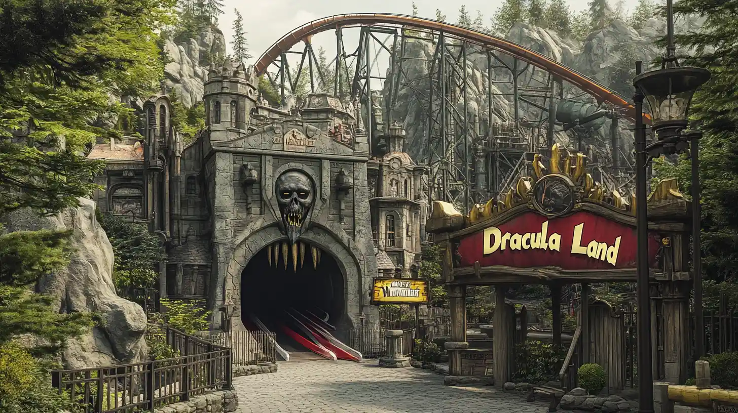 Parque Temático Steampunk do Drácula com Brinquedos de Filmes de Monstro