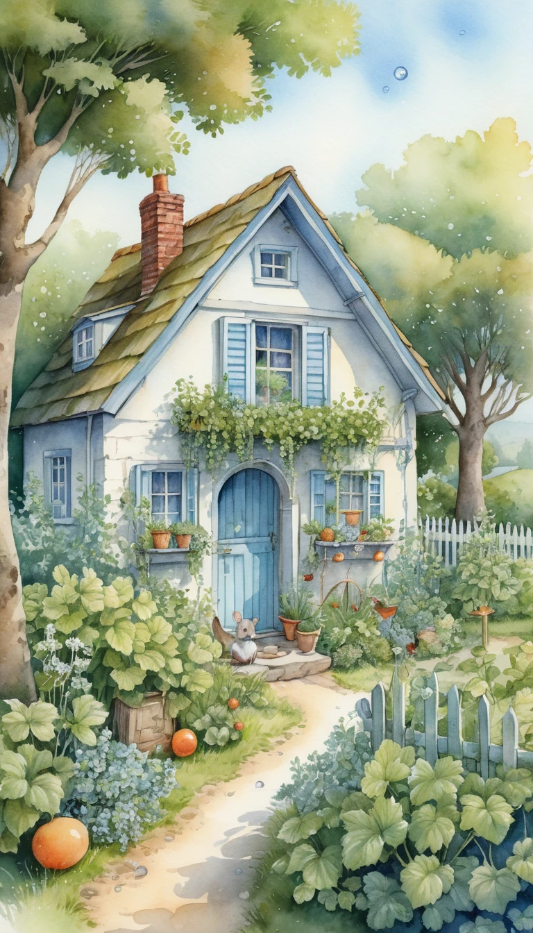 Lachende Maus im Cottage-Garten – Aquarellillustration