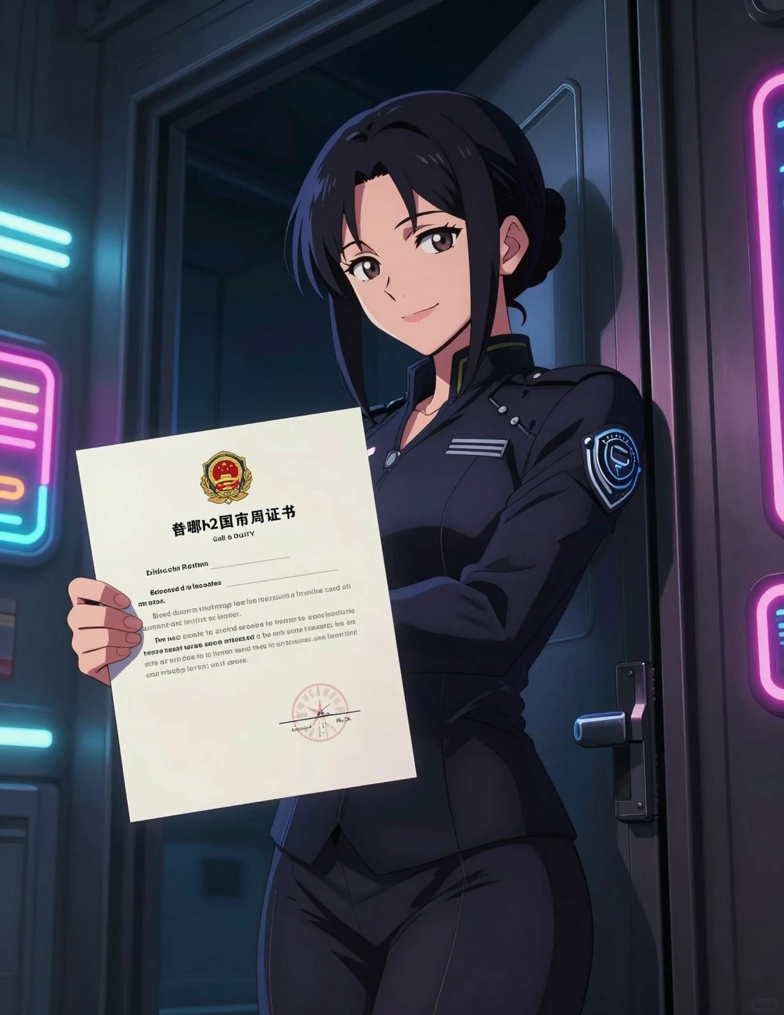 Anime-Beamtin lächelt mit offiziellem Dokument in der Türöffnung
