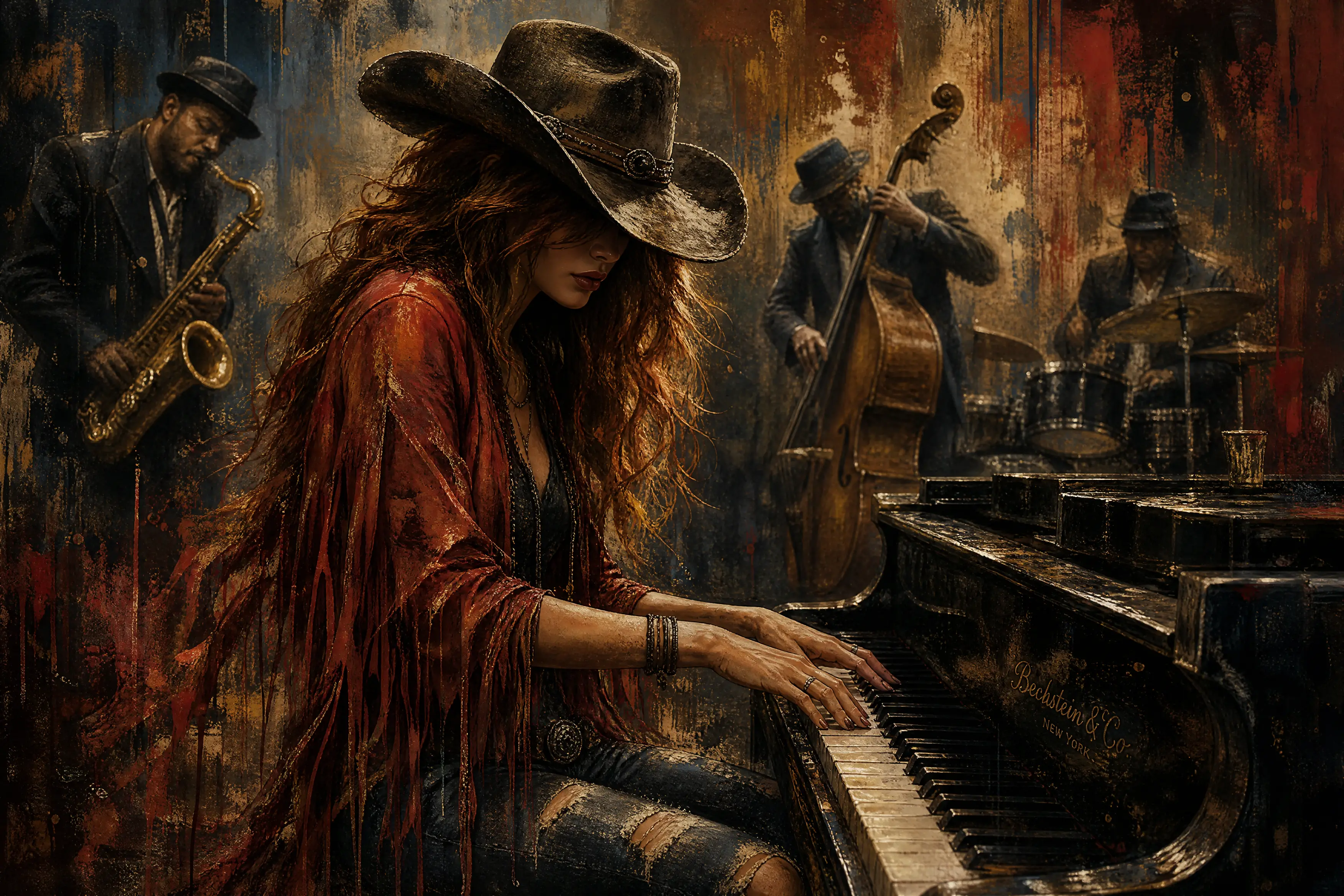 Pianista cowgirl em sombra com banda de jazz no palco