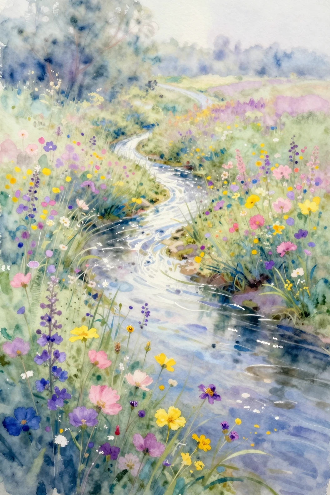 Rio onírico serpenteando por um prado de flores silvestres em aquarela