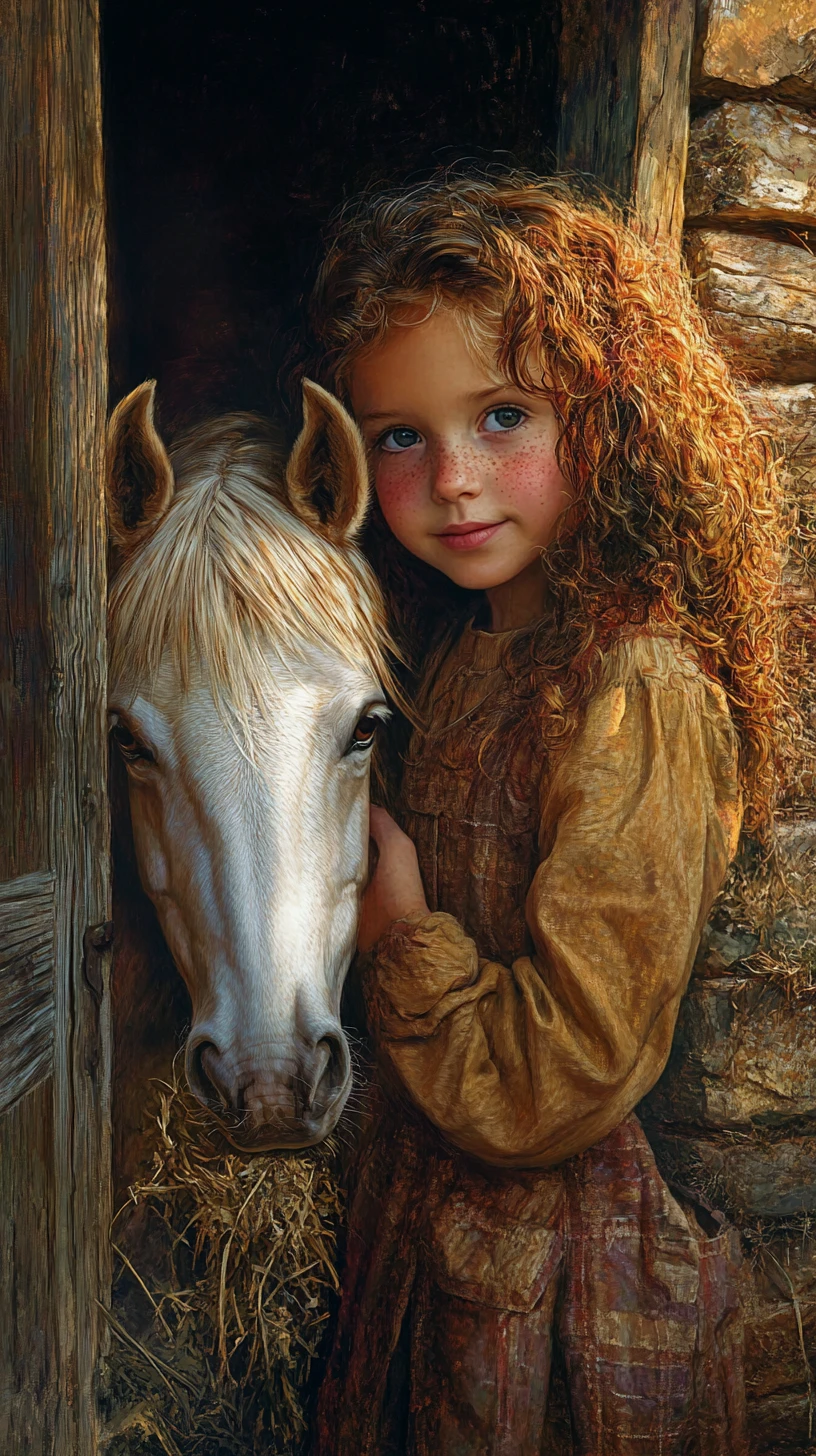 Sommersprossiges Mädchen mit Pony an einer mystischen alten Scheune