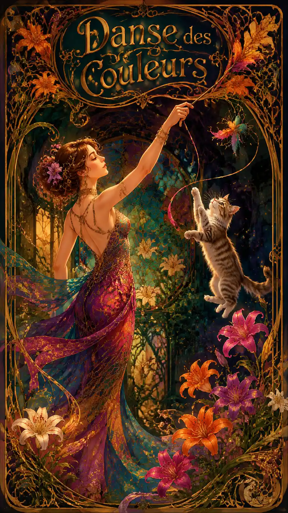 Graceful woman playing with cat toy in art nouveau style