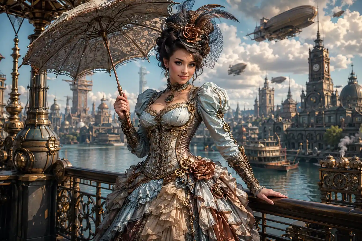 Femme steampunk sur un balcon surplombant une ville lumineuse
