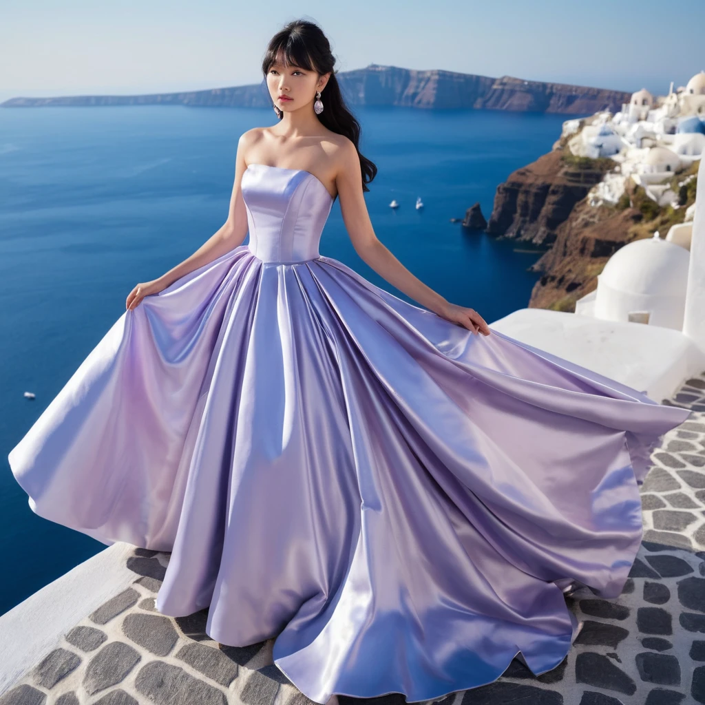 Jovem mulher com vestido de baile de cetim lavanda em Santorini
