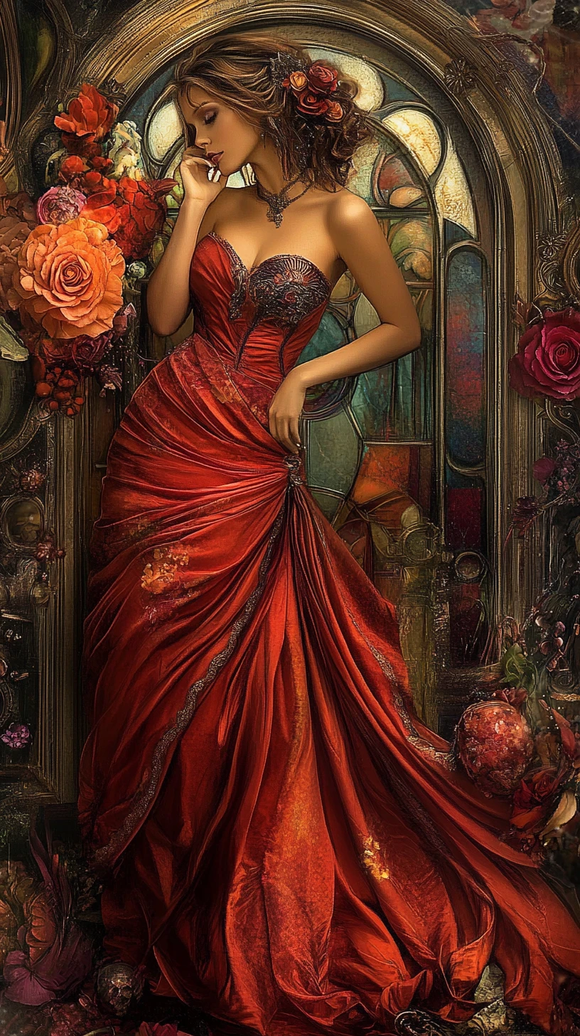 Elegant fantasy woman in a floral steampunk garden