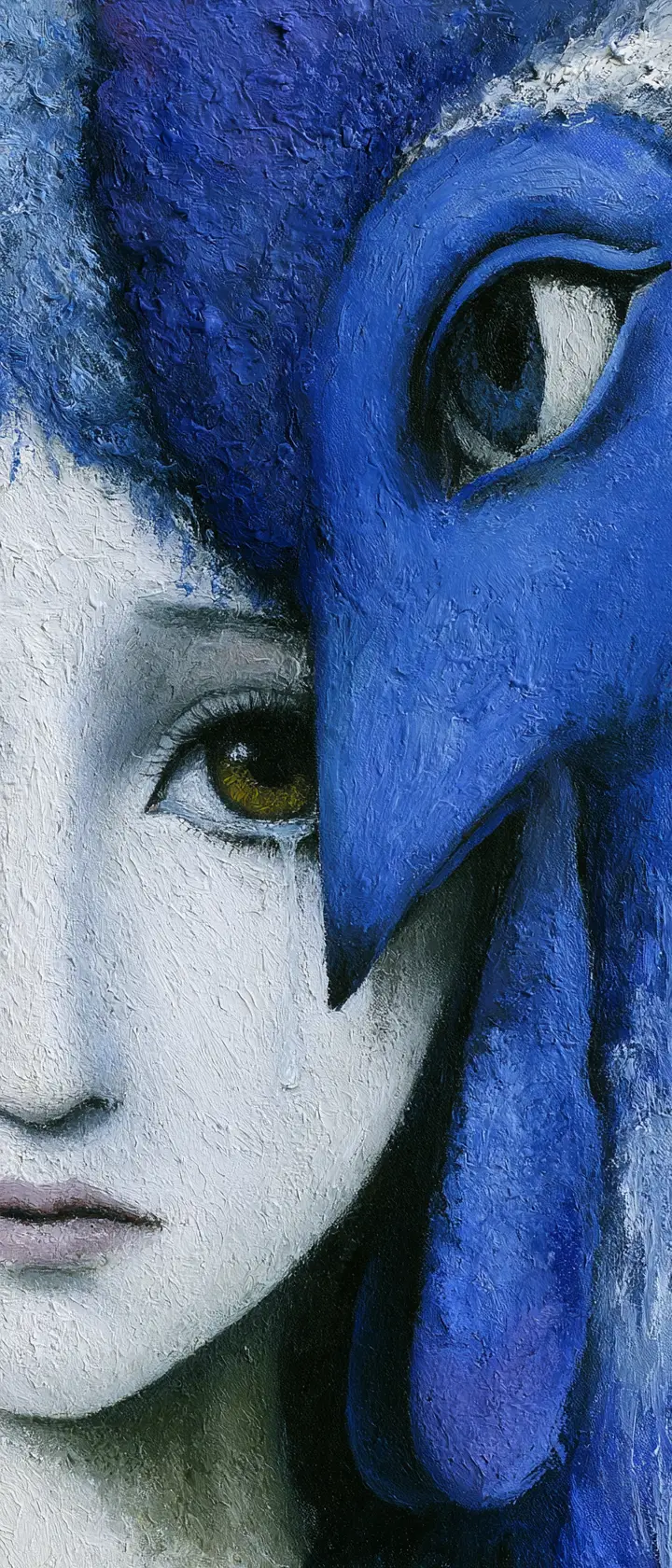 Surreale Nahaufnahme eines weinenden Anime-Mädchens und eines blauen Hahns