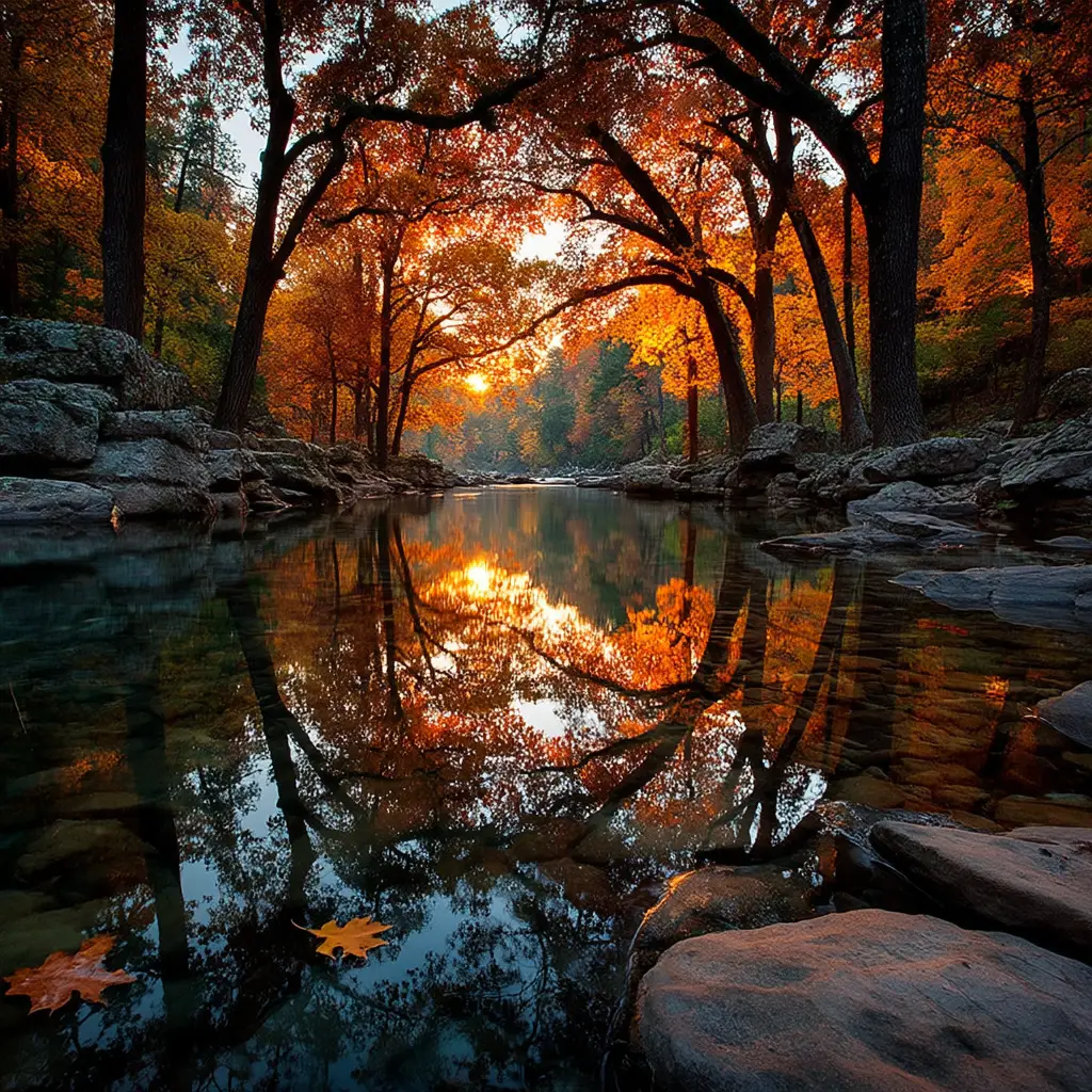 Autumn forest river reflecting fiery trees and fallen leaf