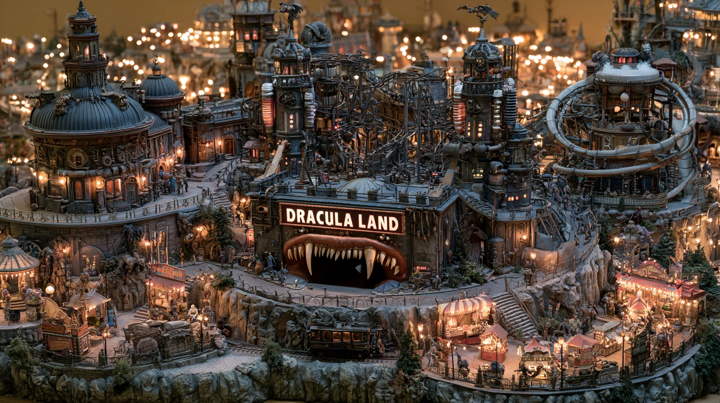 Parque Temático Steampunk Dracula Land com Brinquedos de Monstros
