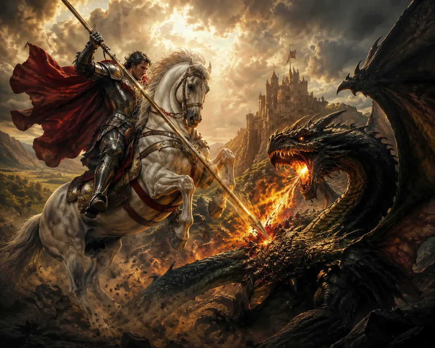 Saint Georges à Cheval Combattant un Dragon de Feu