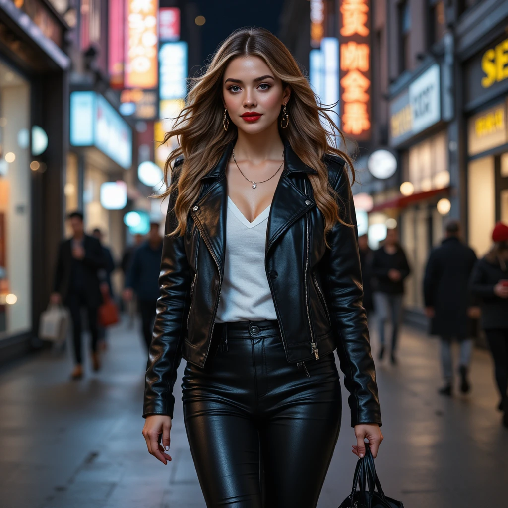 Mulher de roupa de couro caminhando pela cidade à noite