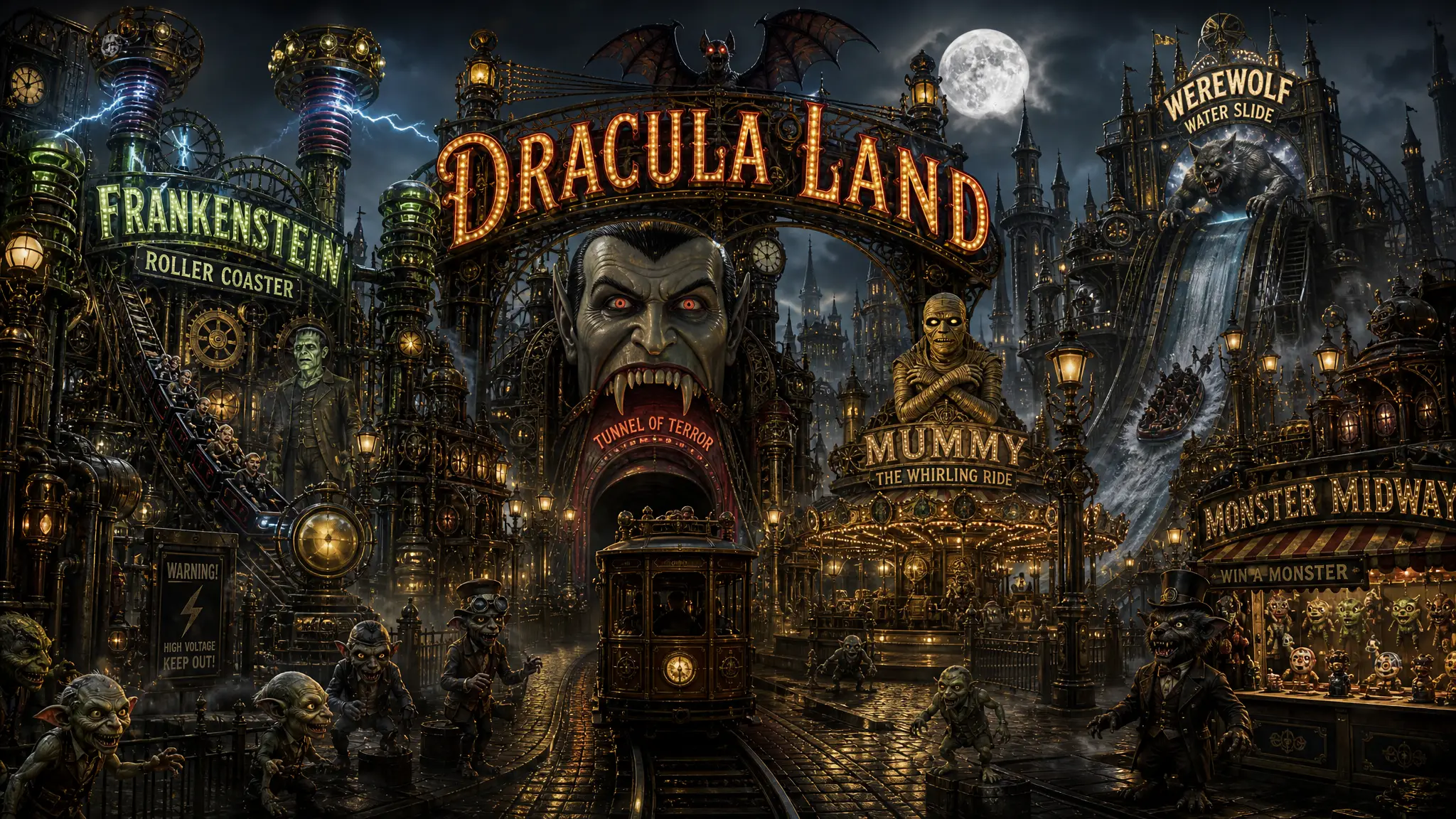 Parc à thème fantastique Steampunk Dracula Land de nuit
