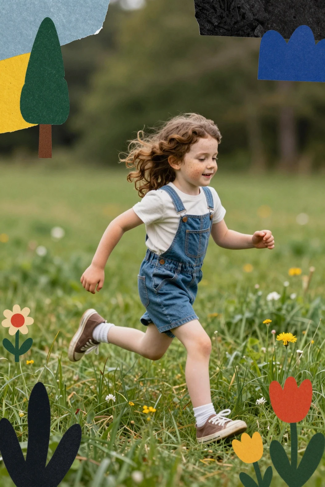 Petite fille courant à travers un pré coloré en collage de papier