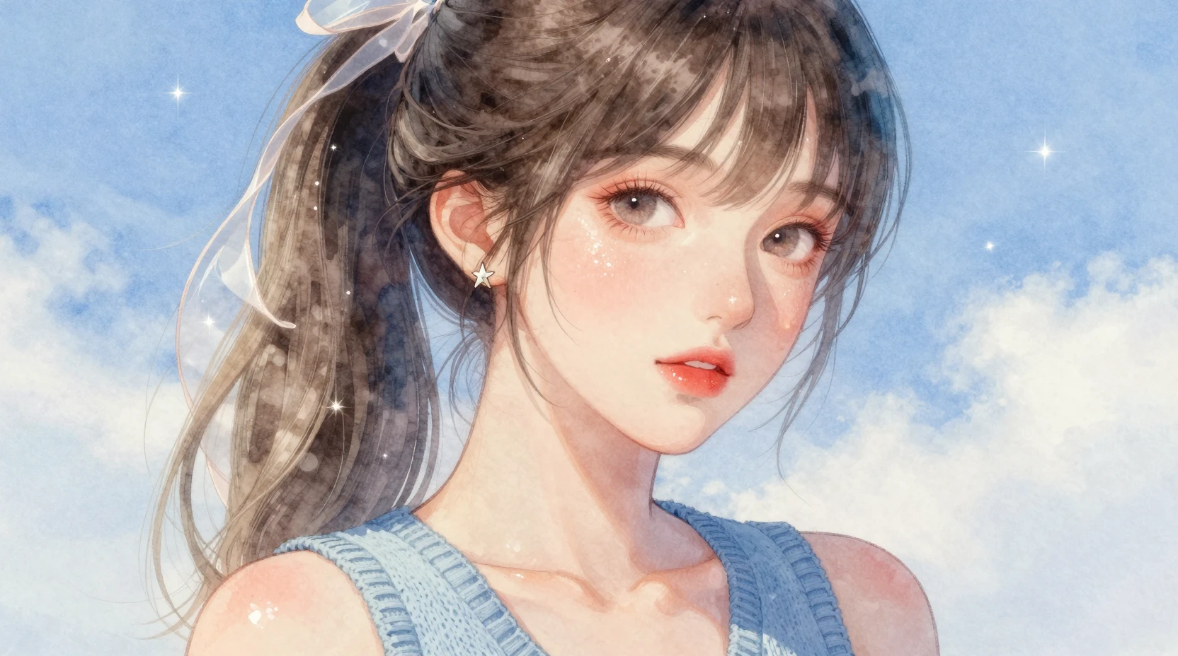 Watercolor girl portrait with silver ombre ponytail and sky