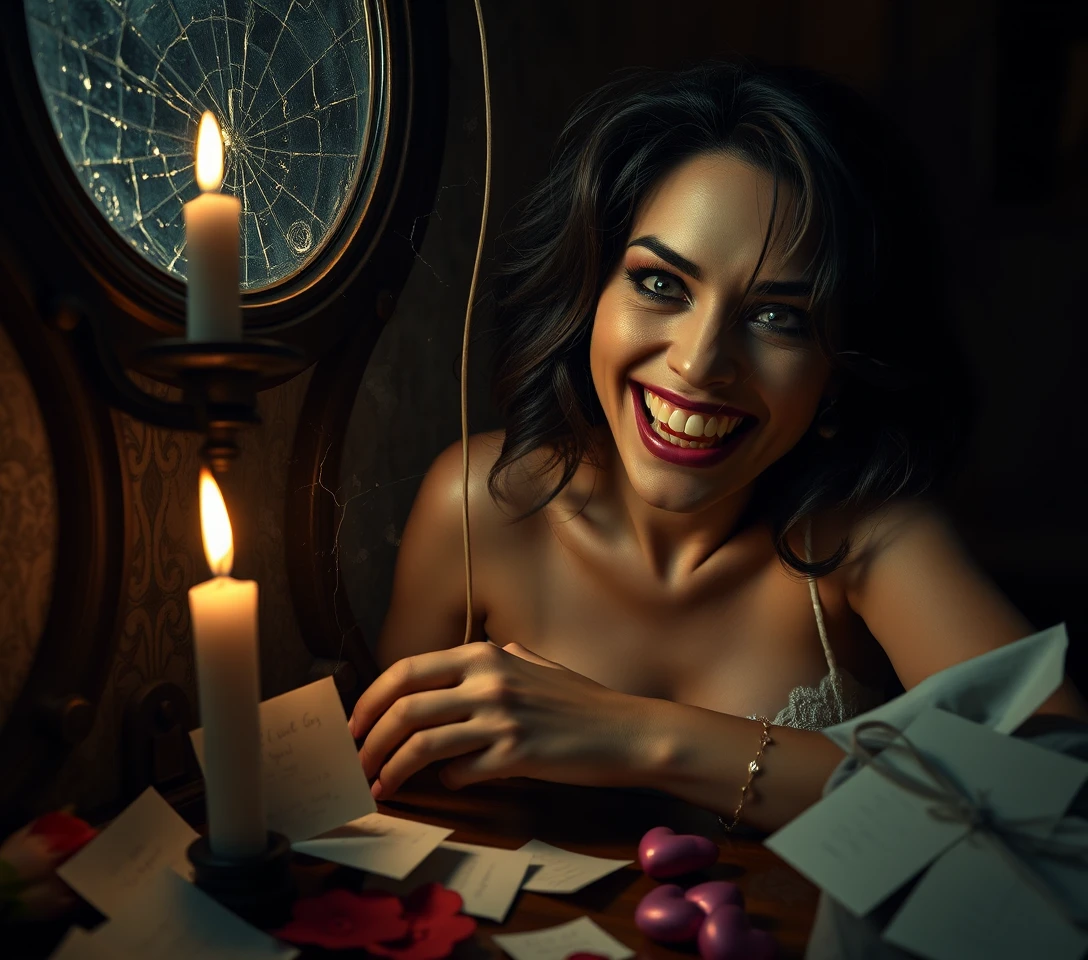 Surreal woman before cracked mirror in candlelit room