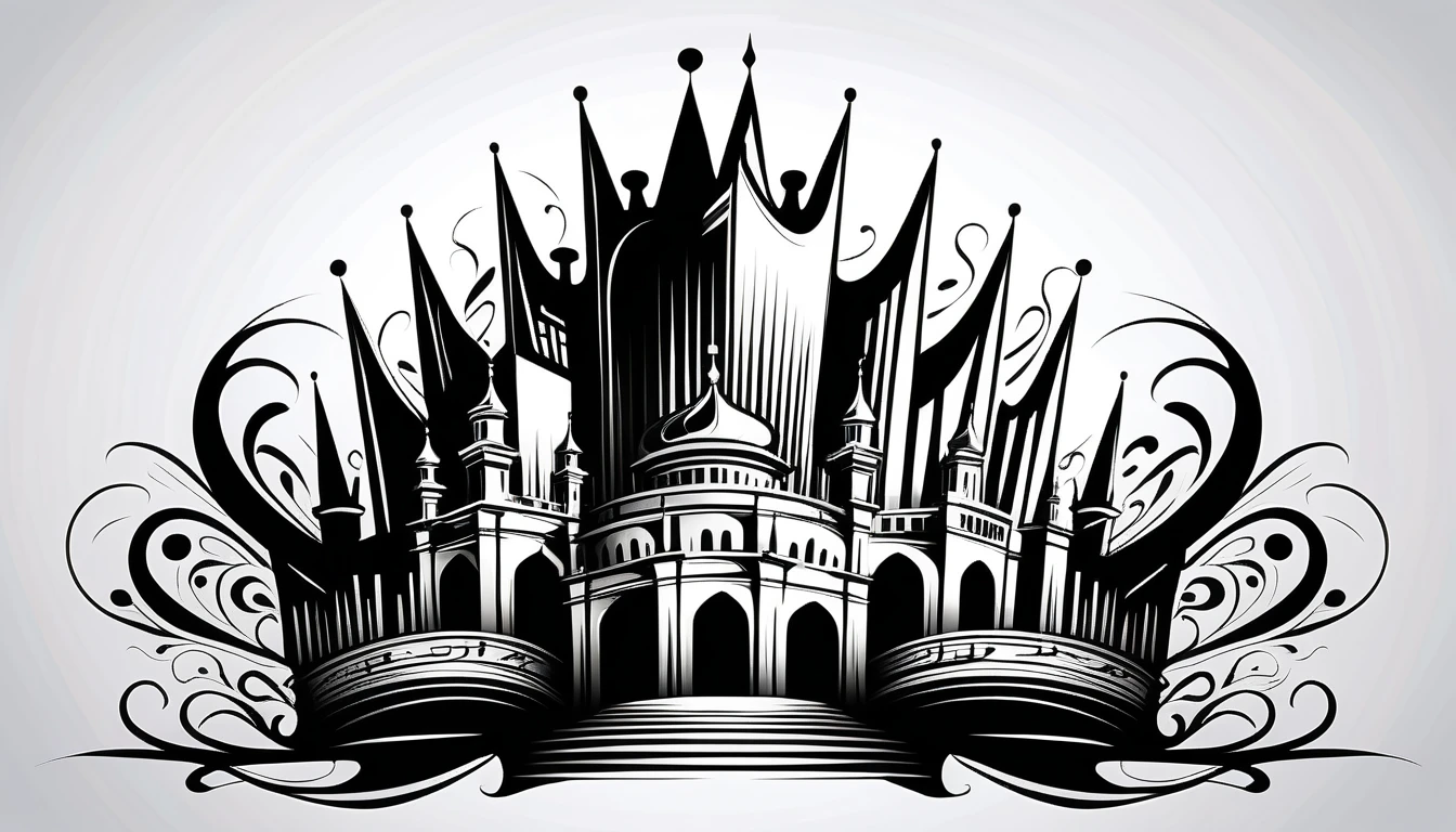 Couronne calligraphique expressive émergeant d’un tourbillon de lignes