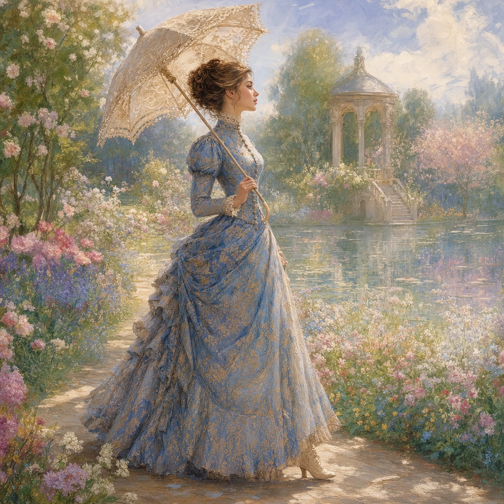 Mulher elegante com sombrinha caminhando em um jardim florido