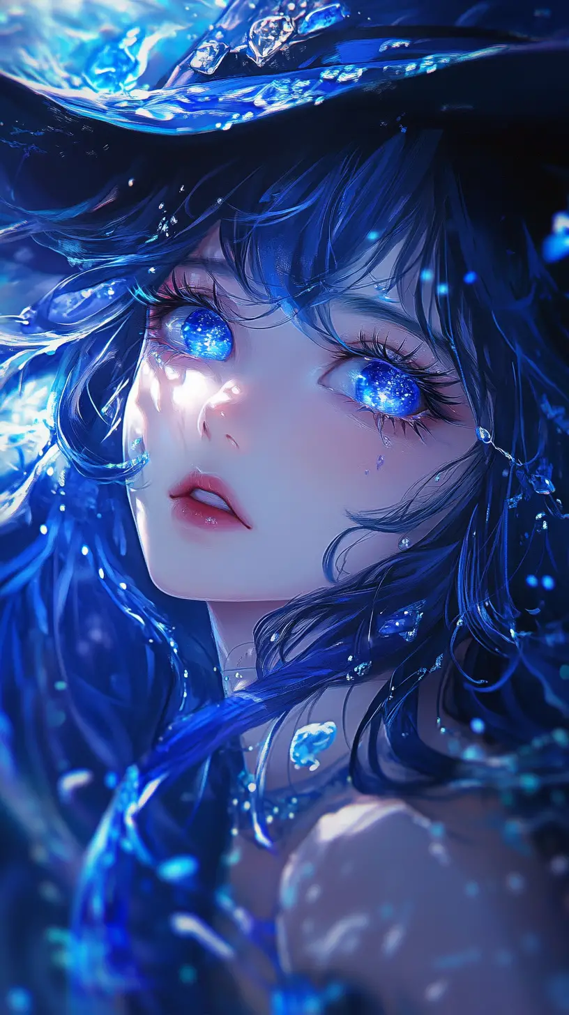 Anime girl portrait with luminous blue hair underwater