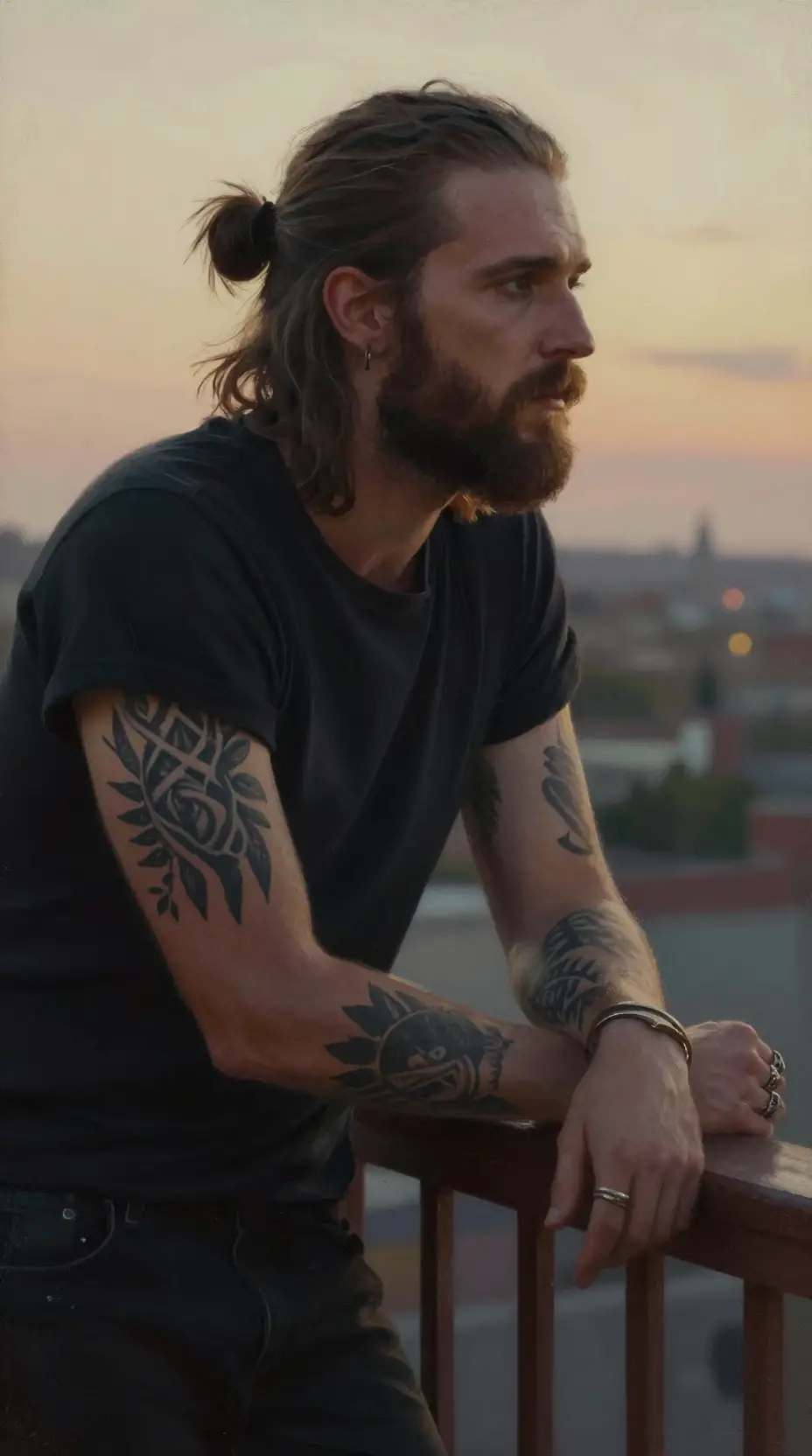 Pensive tattooed musician on a balcony at sunset