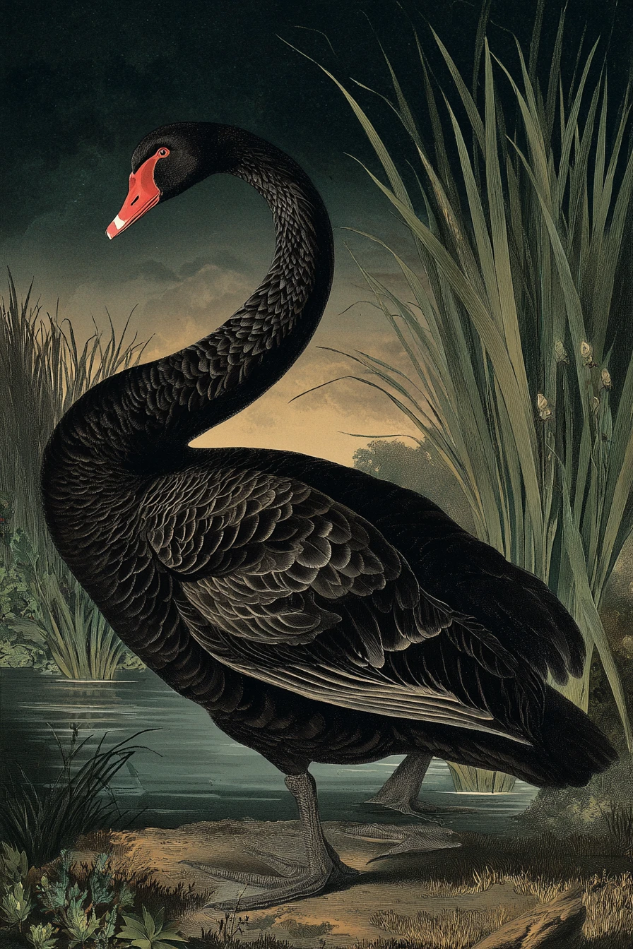 Illustration vintage d’un cygne noir sous le ciel nocturne
