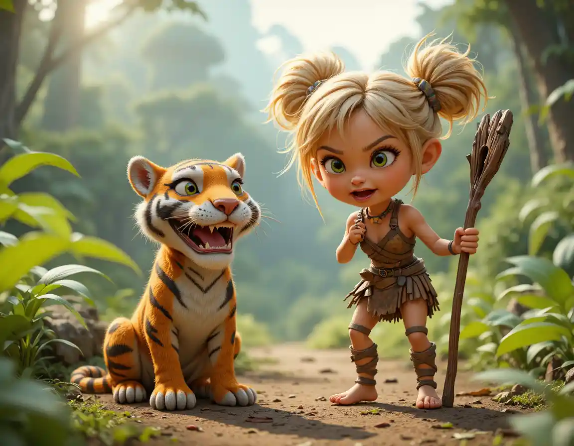 Höhlenmädchen und Säbelzahn-Tigerjunges im urzeitlichen Wald