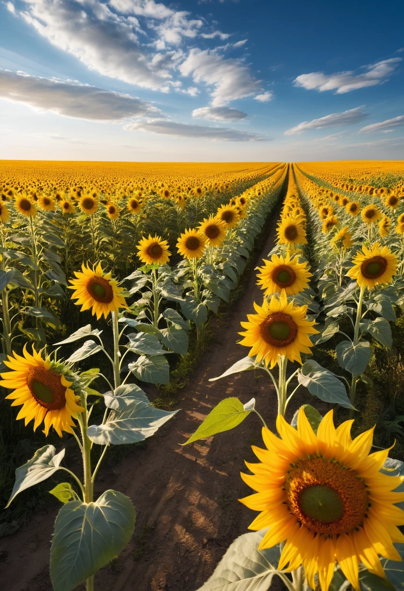 Campo dorato di girasoli sotto un brillante cielo estivo azzurro