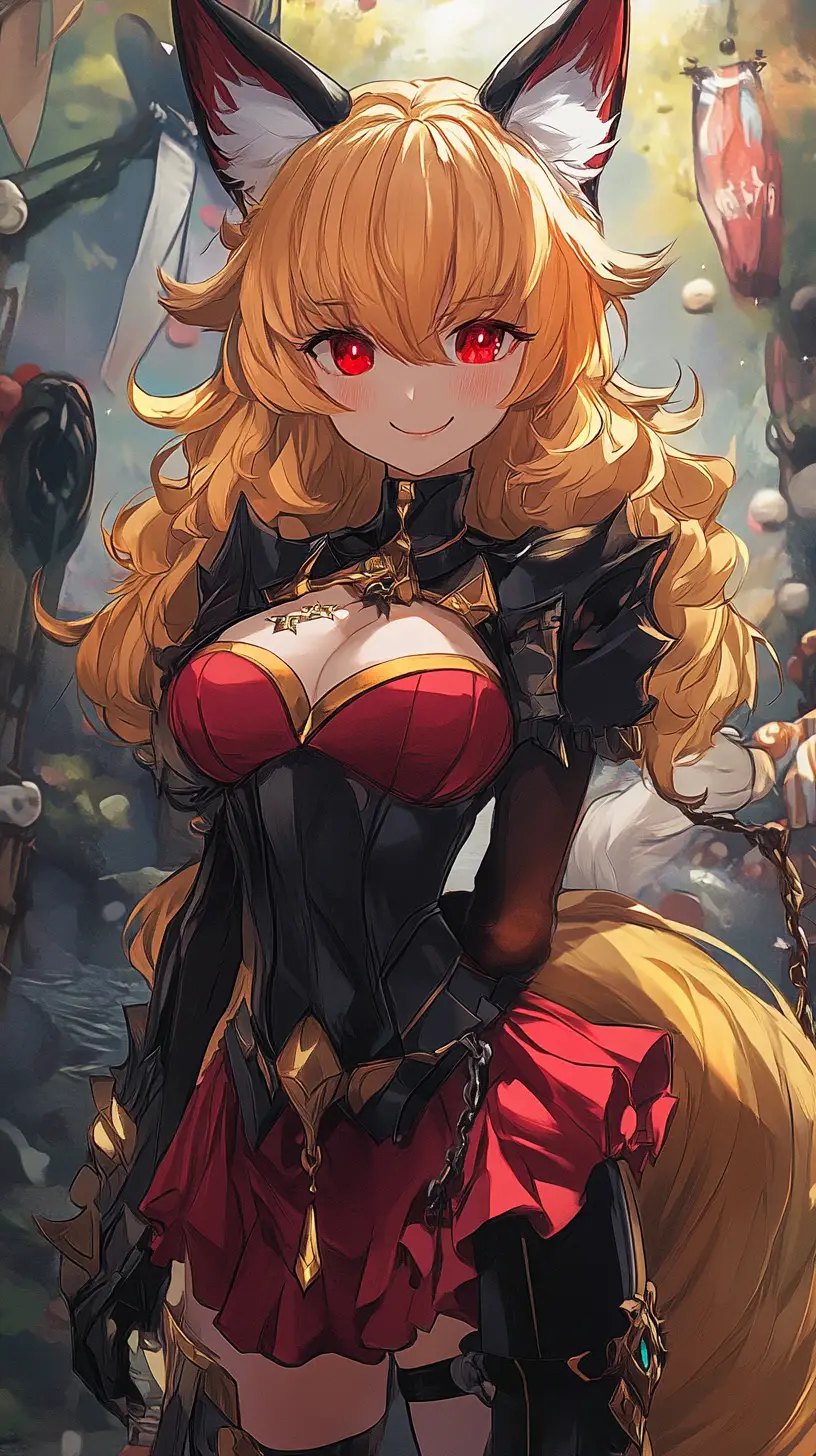 Fille anime aux oreilles de renard en armure ornée et jupe