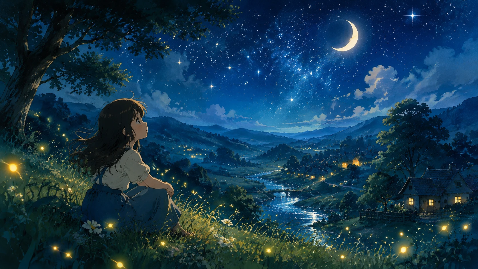 Fille d’anime sous croissant de lune sur paisible colline herbeuse