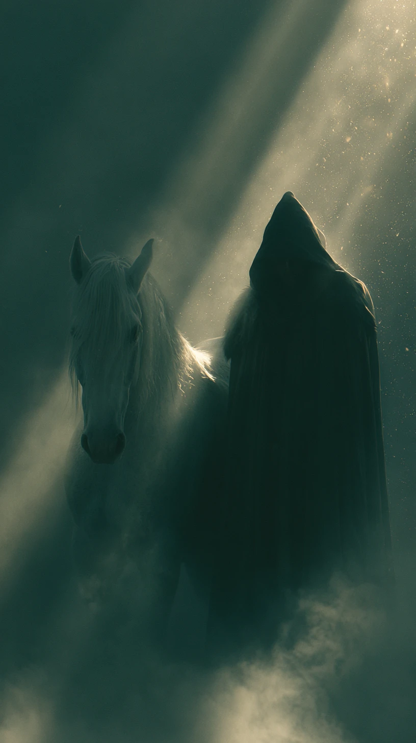 Cavaliere musulmano accanto a un cavallo bianco nella luce nebbiosa