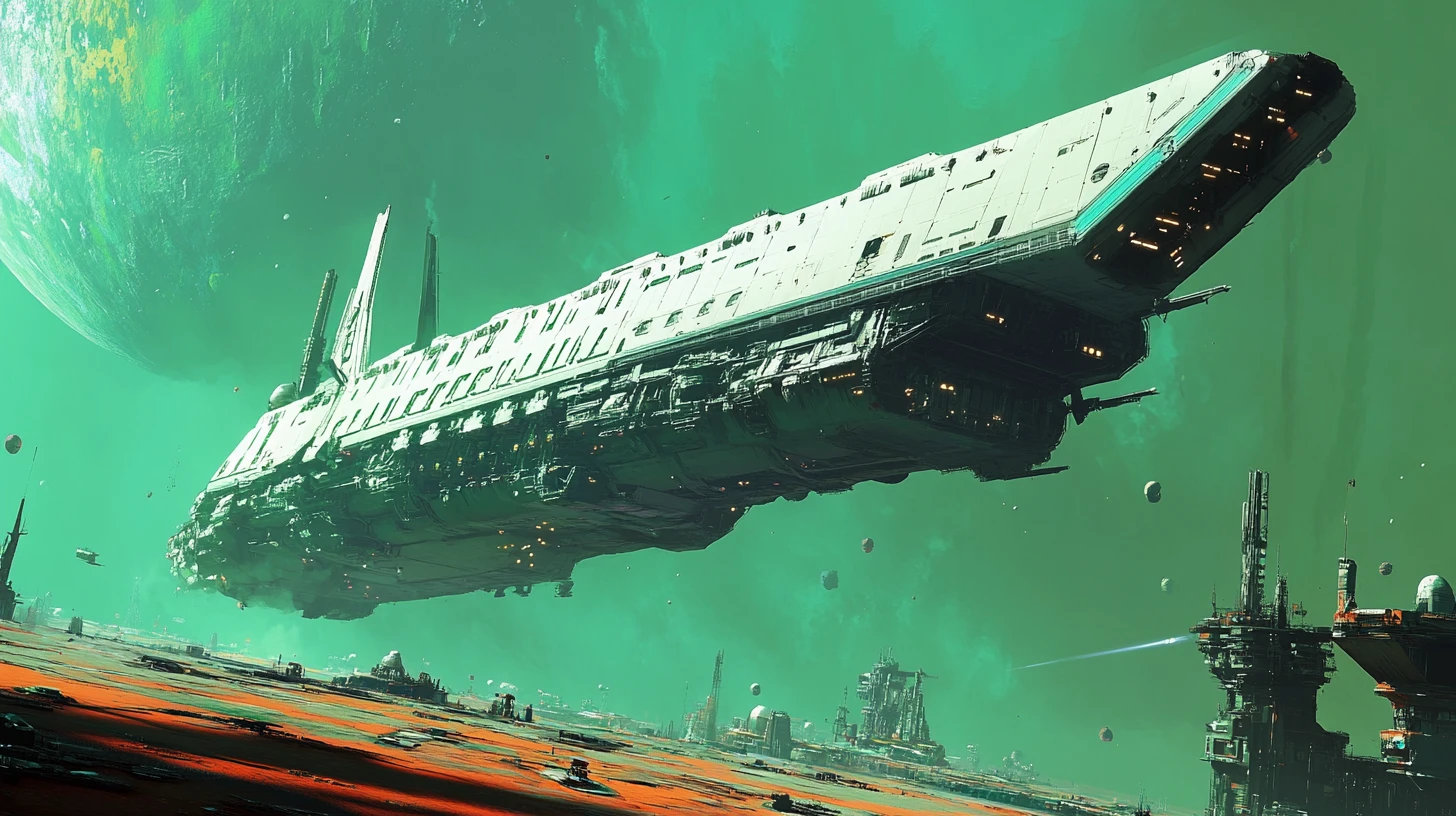 Nave colossal de transporte espacial profundo pousando em um espaçoporto