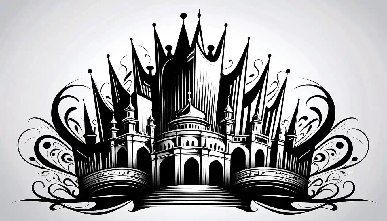 Couronne calligraphique expressive émergeant d’un tourbillon de lignes