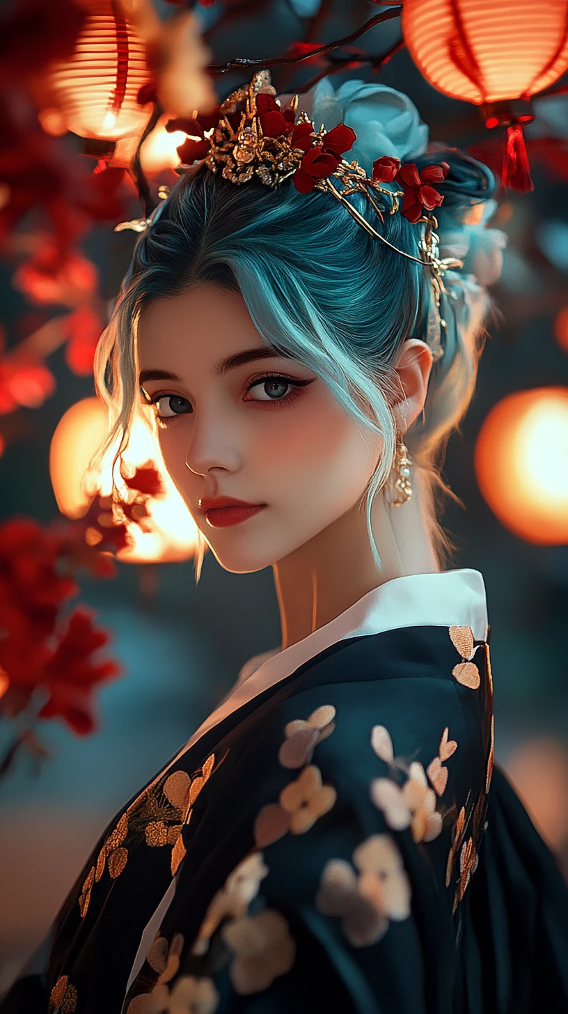 Ragazza serena dai capelli verde acqua sotto lanterne rosse luminose