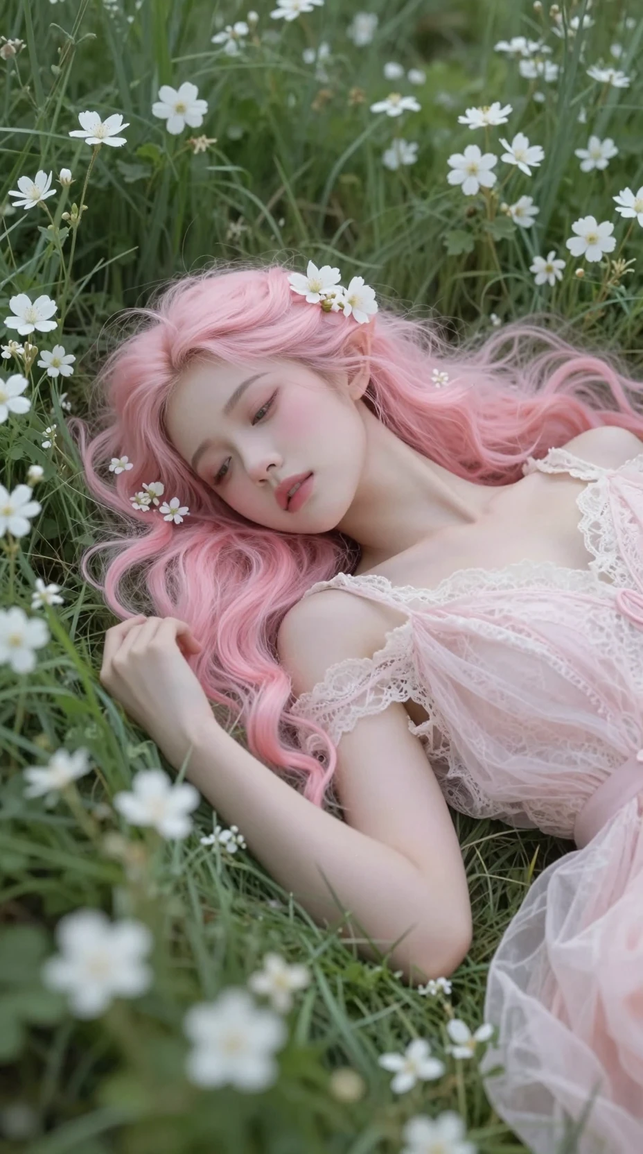 Elfa descansando entre flores em um prado tranquilo