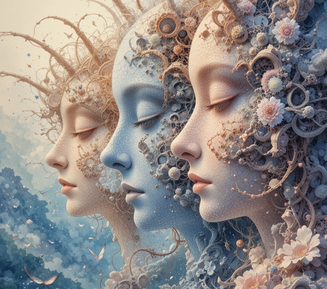 Visages surréalistes pointillistes construits à partir de motifs fractals de Fibonacci