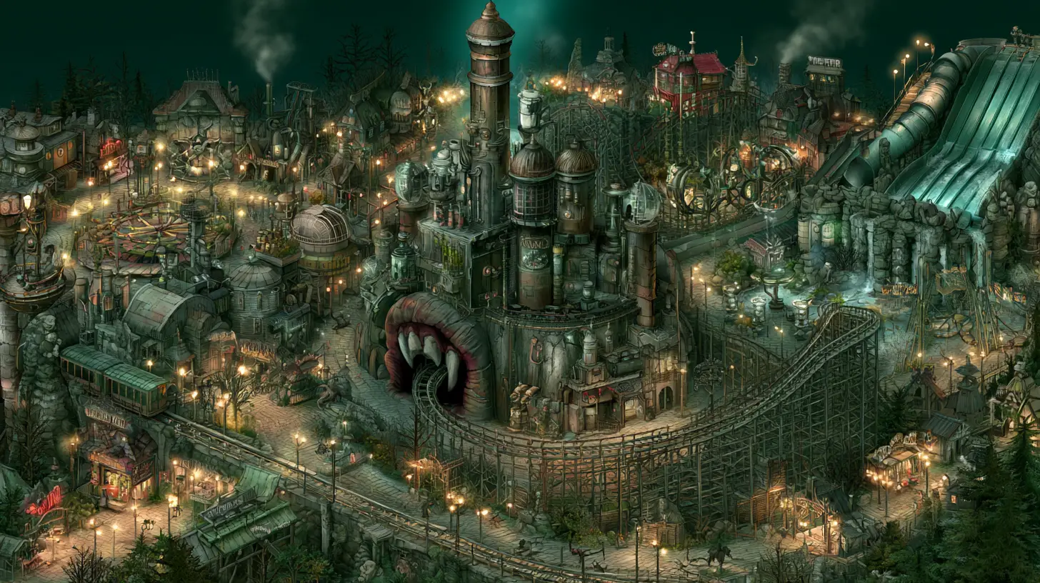 Entrée Dracula steampunk dominant un parc de fantasy sombre