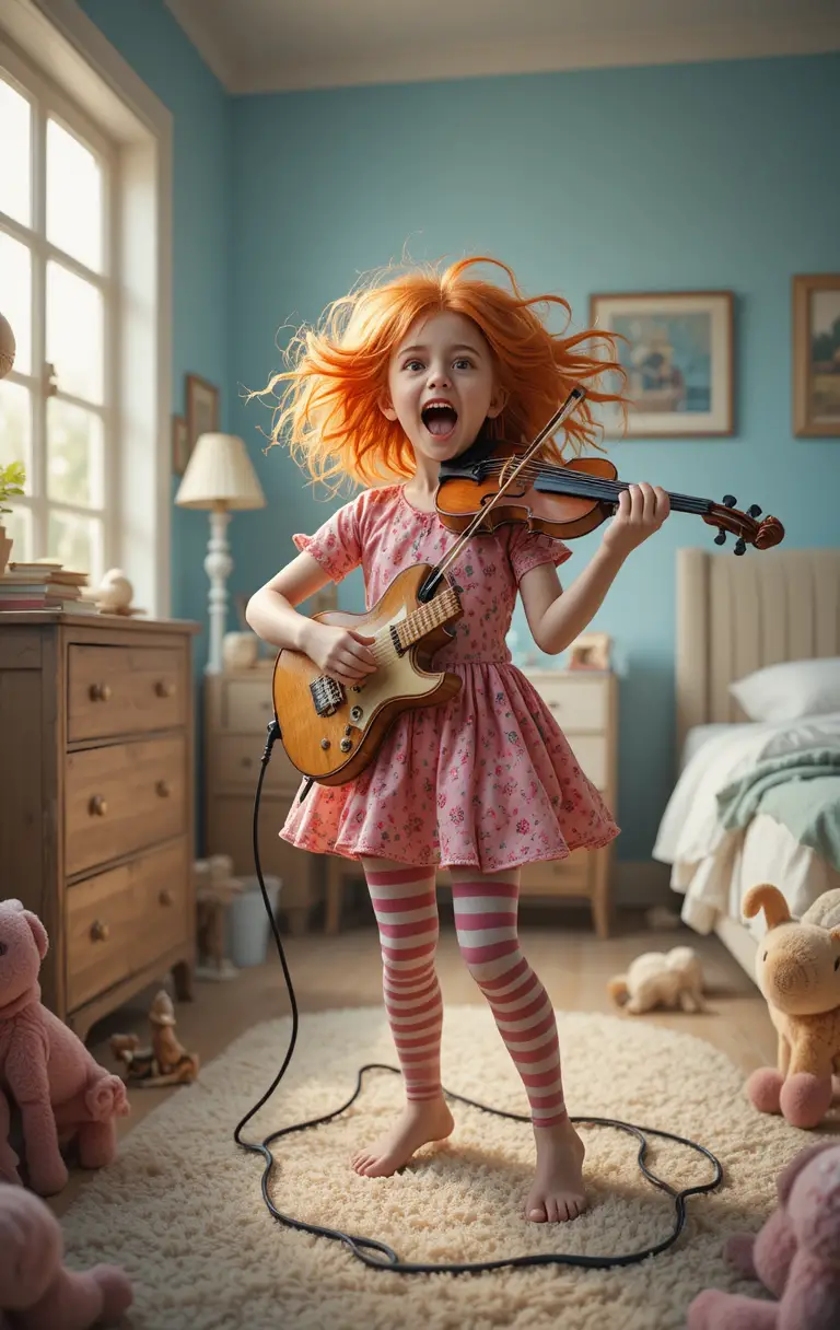 Fille rousse qui fait rocker un violon dans une chambre douillette