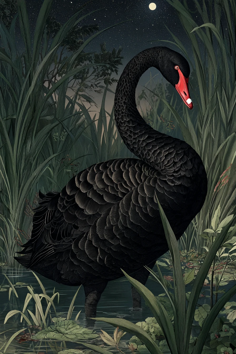 Illustration vintage d’un cygne noir sous le ciel nocturne
