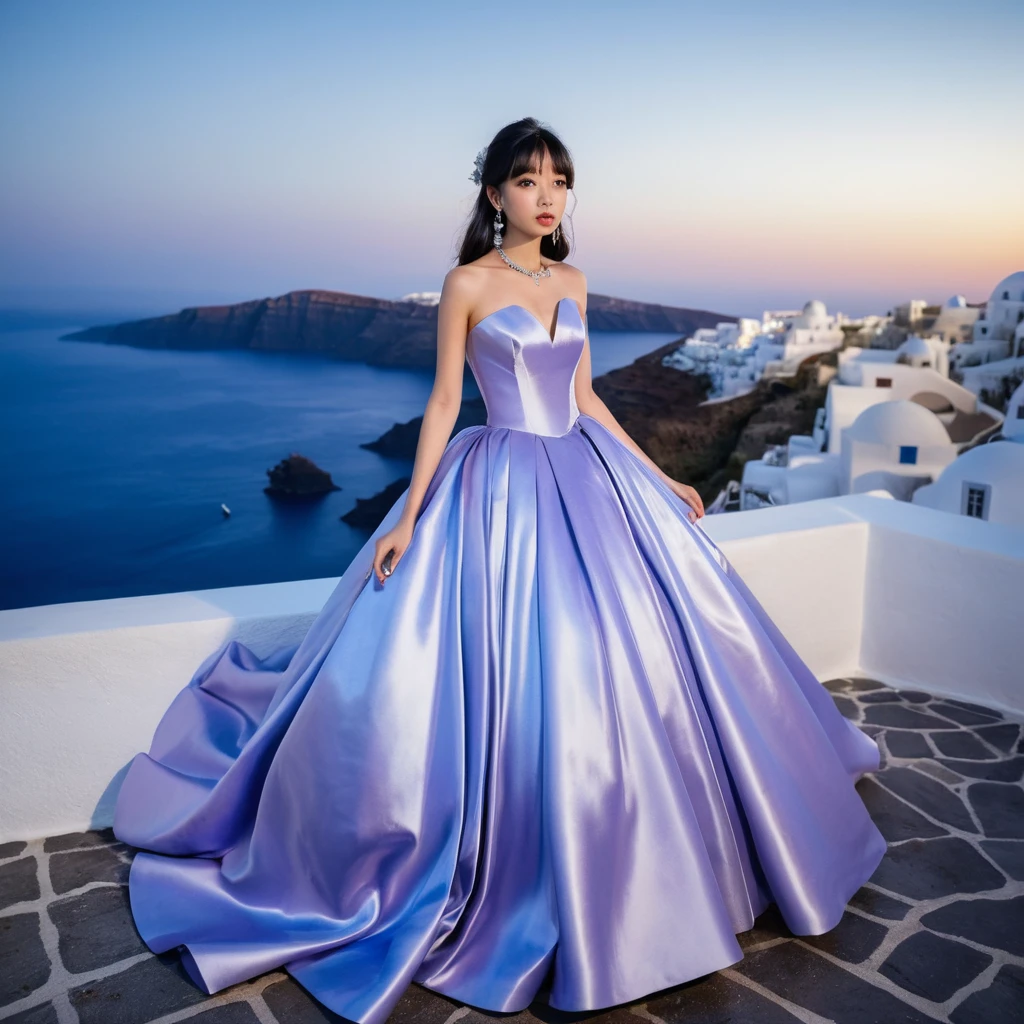 Donna elegante in abito di raso lavanda di notte a Santorini