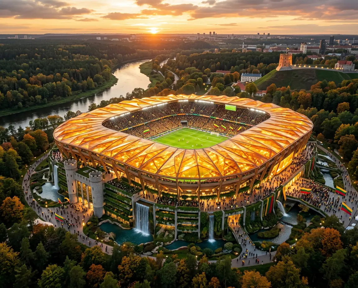 Estádio de futebol futurista na Lituânia brilhando ao pôr do sol