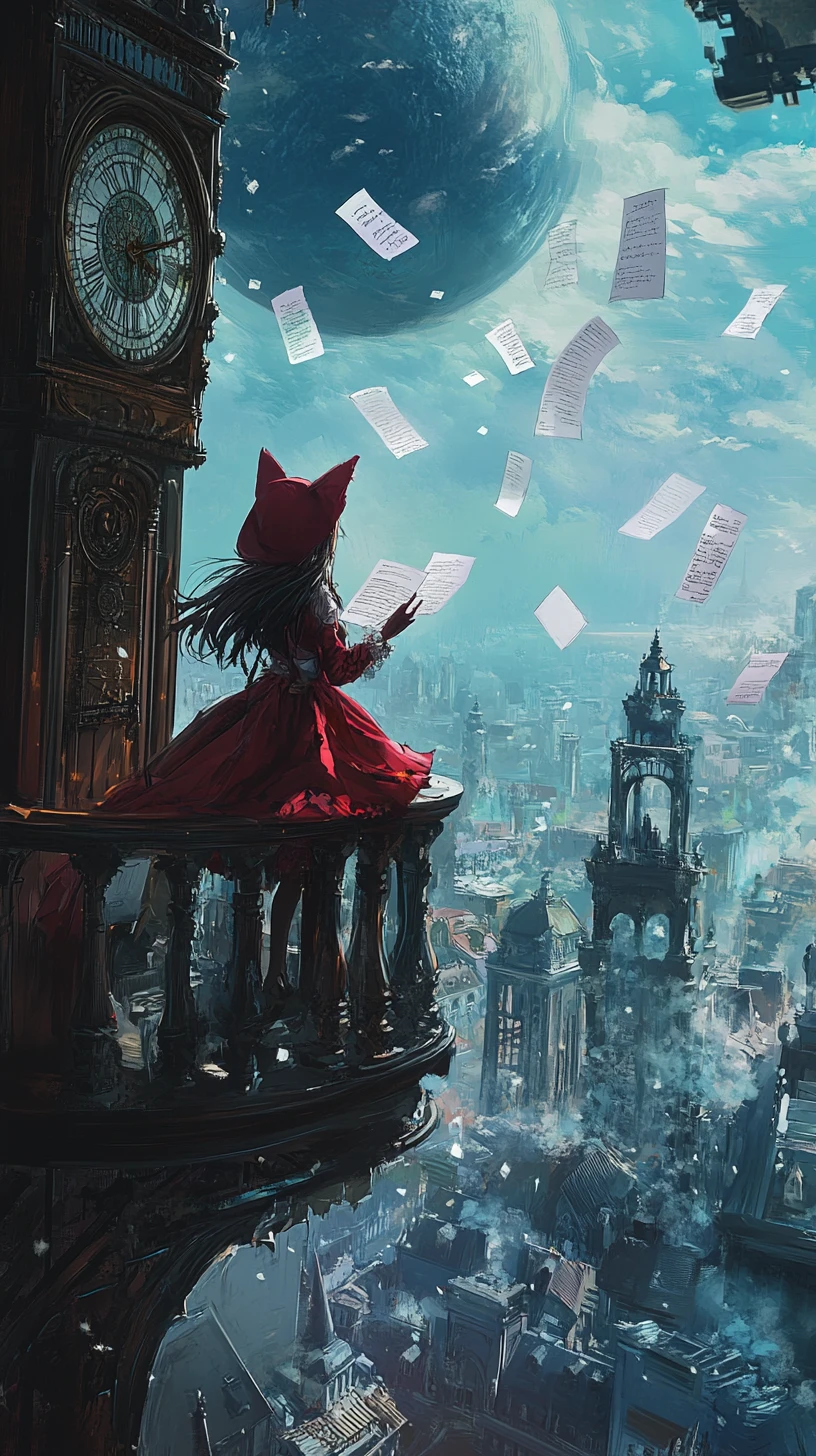 Ragazza anime sul balcone di una torre dell’orologio sopra una città vittoriana