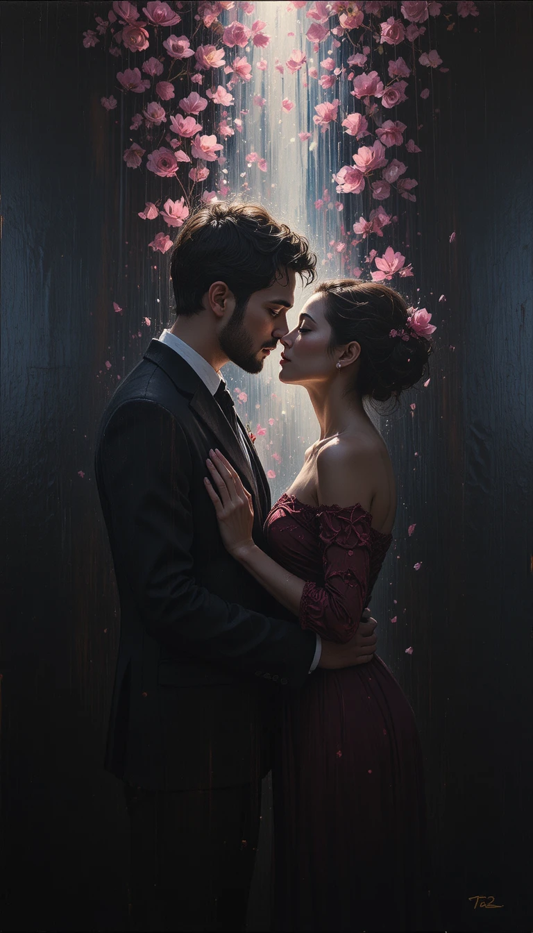 Couple enlacé sous une douce lumière cinématographique rose sur fond noir