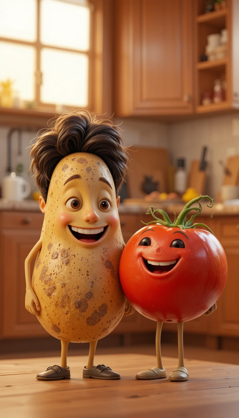 Lächelnde Kartoffel- und Tomatenfreunde in einer gemütlichen Küche