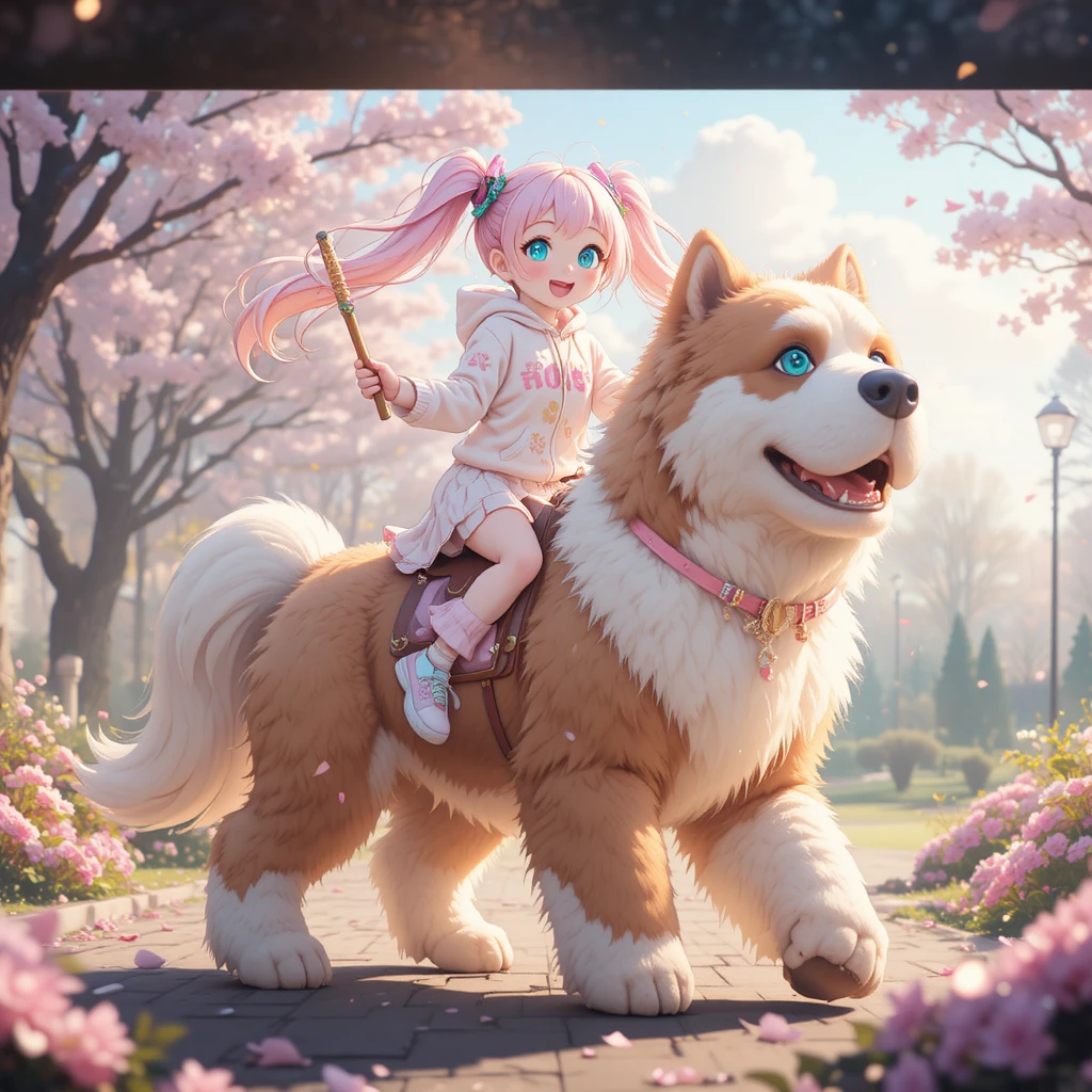 Dolce ragazza anime che cavalca un enorme San Bernardo soffice