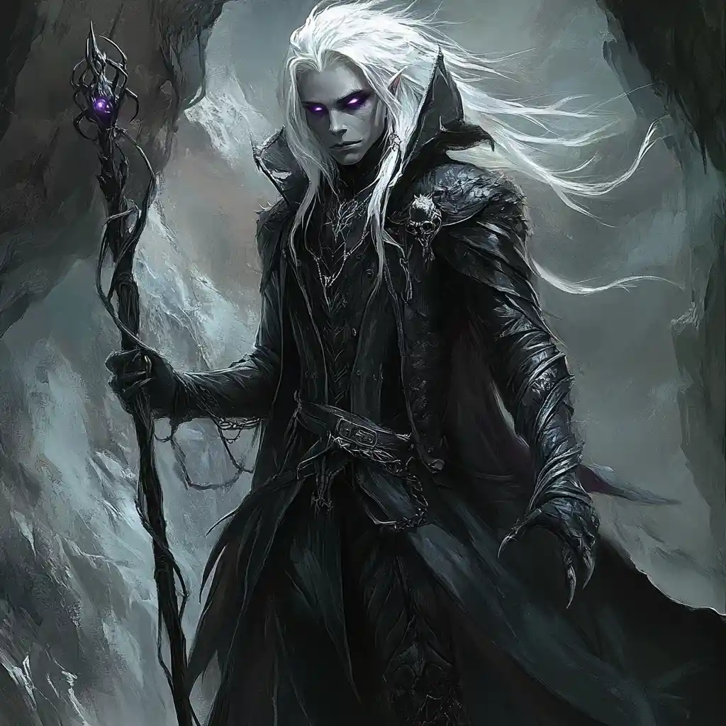 Drow elf woman with staff in a dark cavern