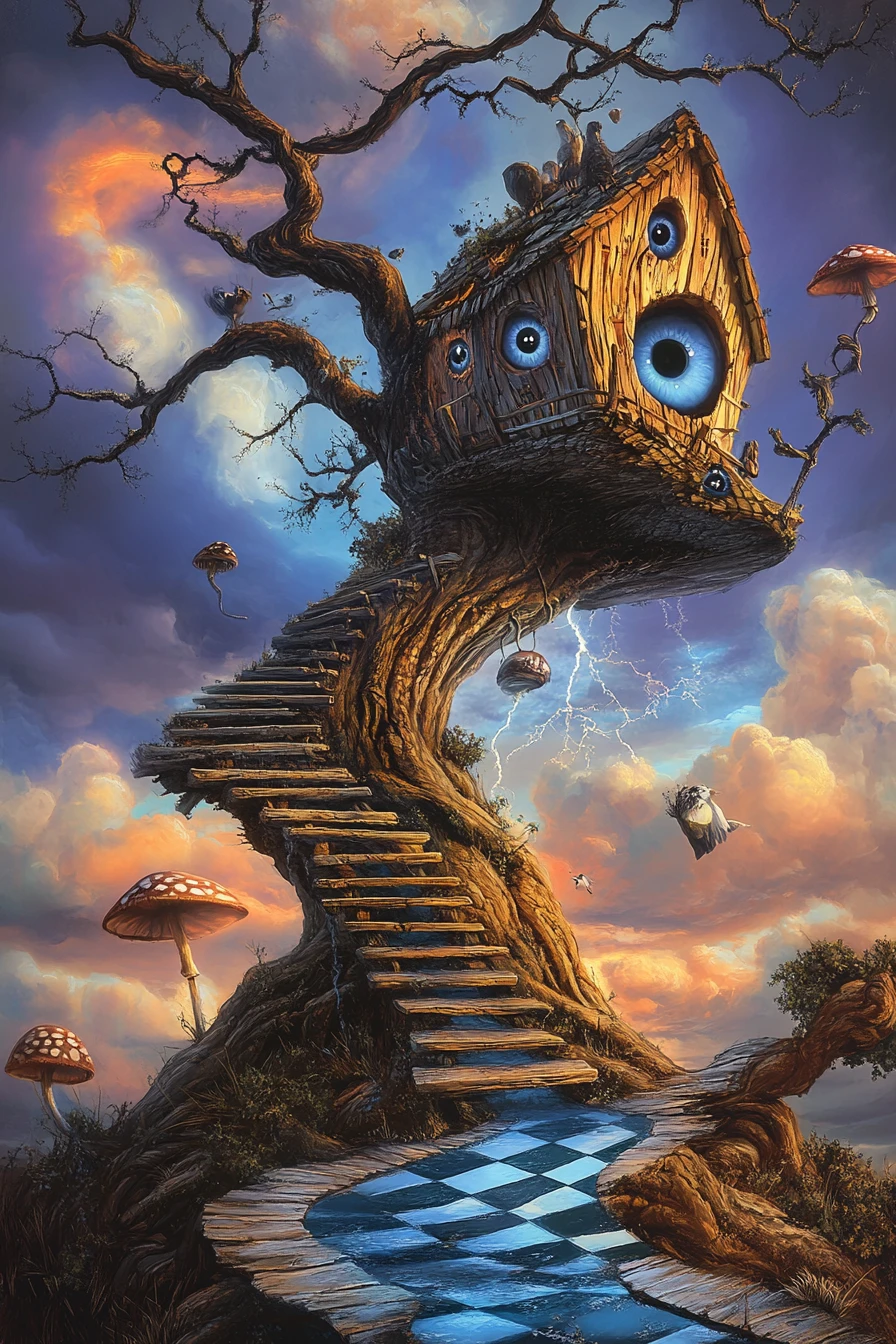 Surreales Holz-Baumhaus auf einem verdrehten, knorrigen Baum