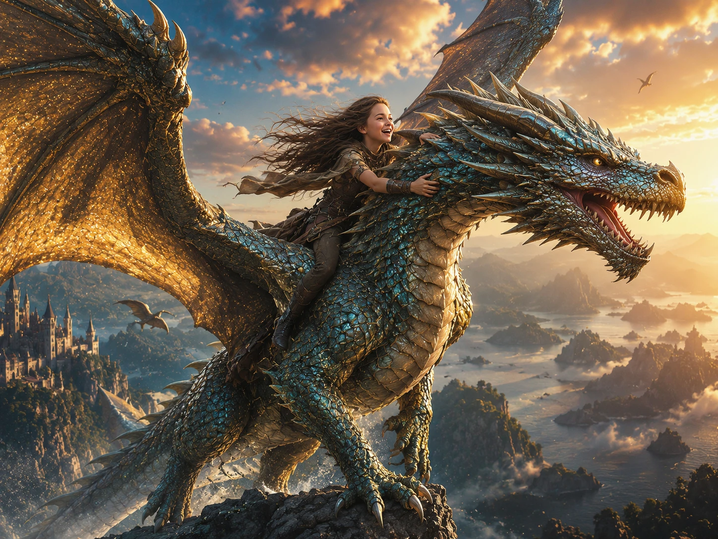 Niña montando un dragón místico que toma vuelo en un cielo de fantasía