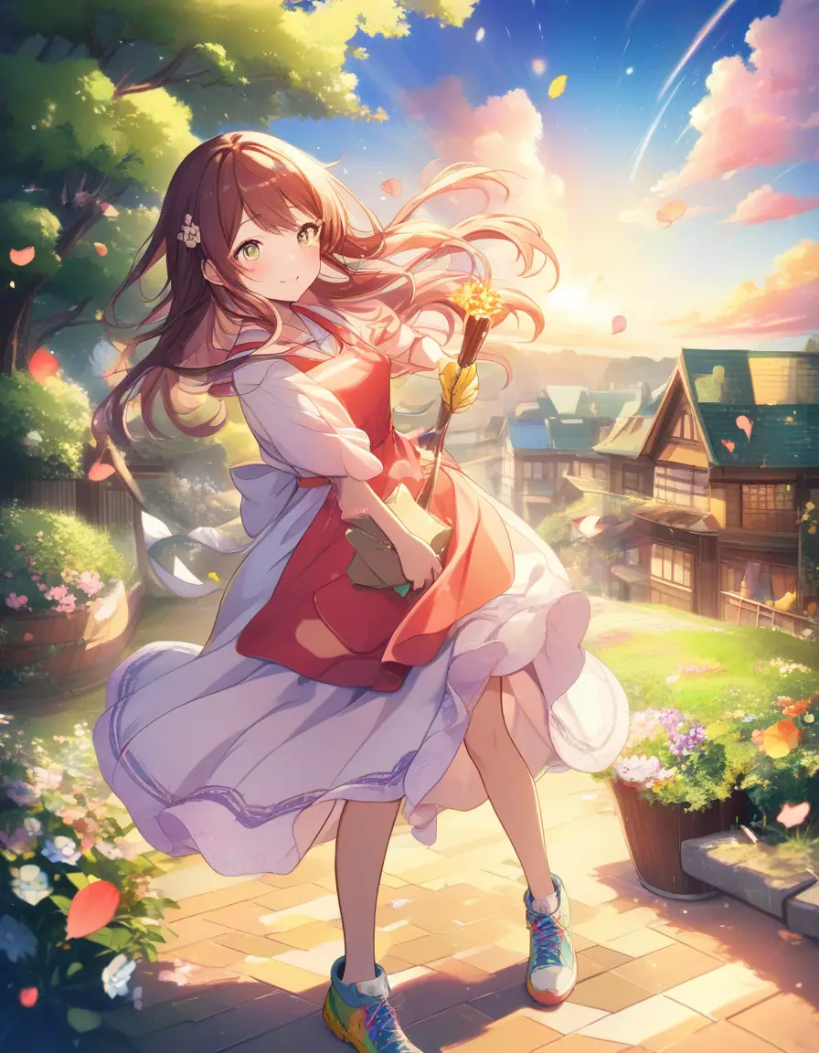 Fille d'anime balayant une rue japonaise tranquille au lever du soleil