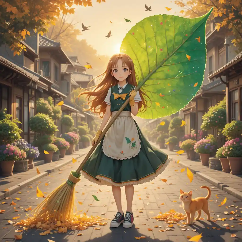 夜明けの魔法の日本の街路を掃くアニメ少女